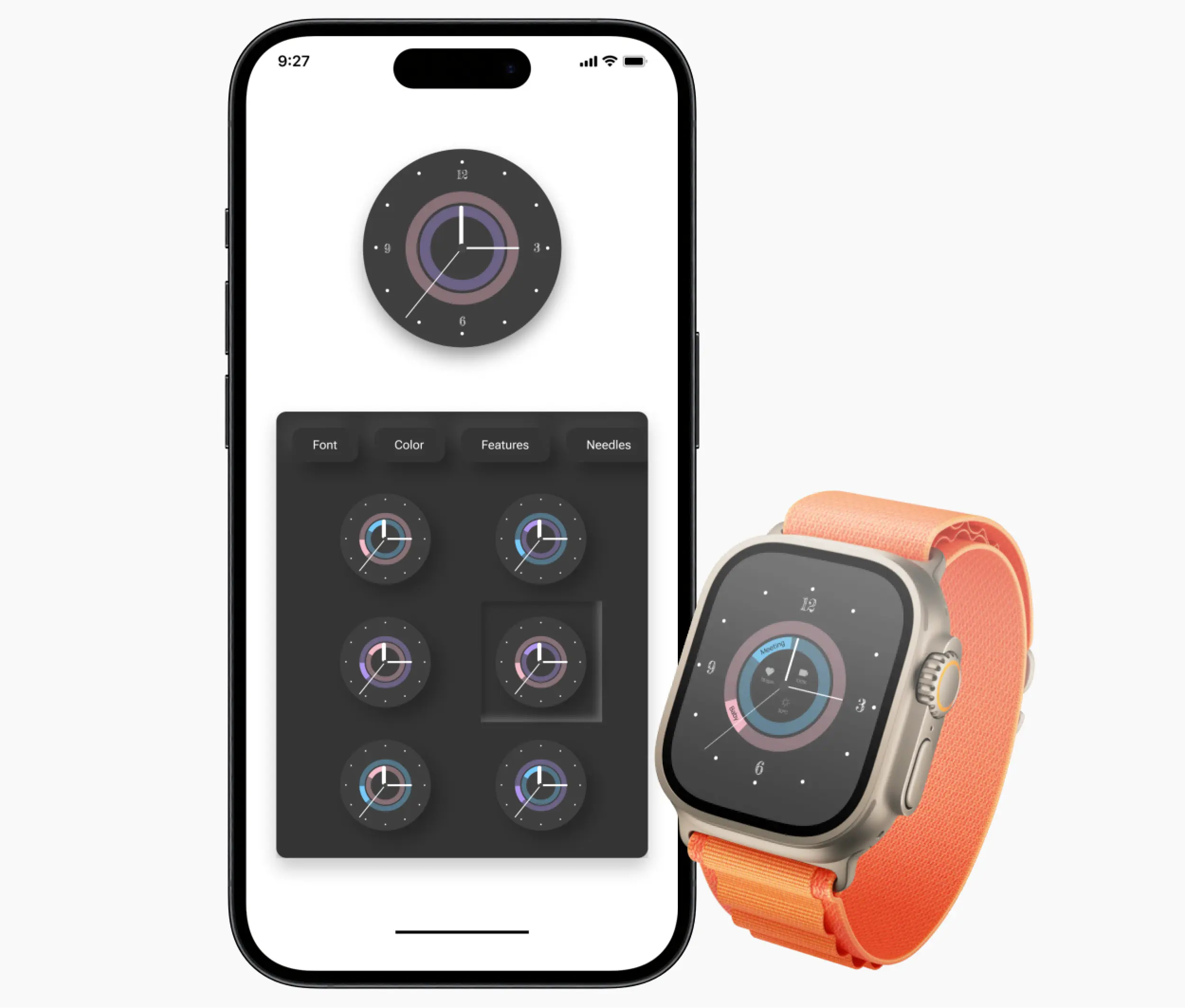 mobile phone screen of an app with multiple faces for a digital watch, and a watch with that particular face chosen