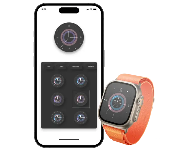 mobile phone screen of an app with multiple faces for a digital watch, and a watch with that particular face chosen